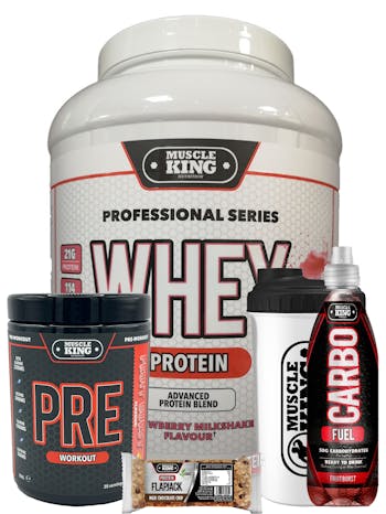 Muscle King Nutrition Whey Protein 2kg - Plus Pre Workout Bundle Plus - Free Shaker - Free Flapjack - Free Carbo Load Drink